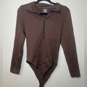 OQQ Brown Quarter-zip Bodysuit